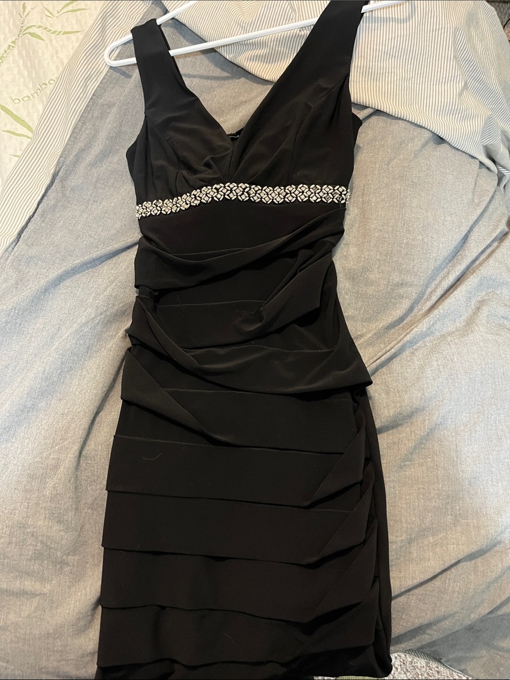 le chateau Black Sleeveless V-Neck Mini Dress with Crystal Waistband